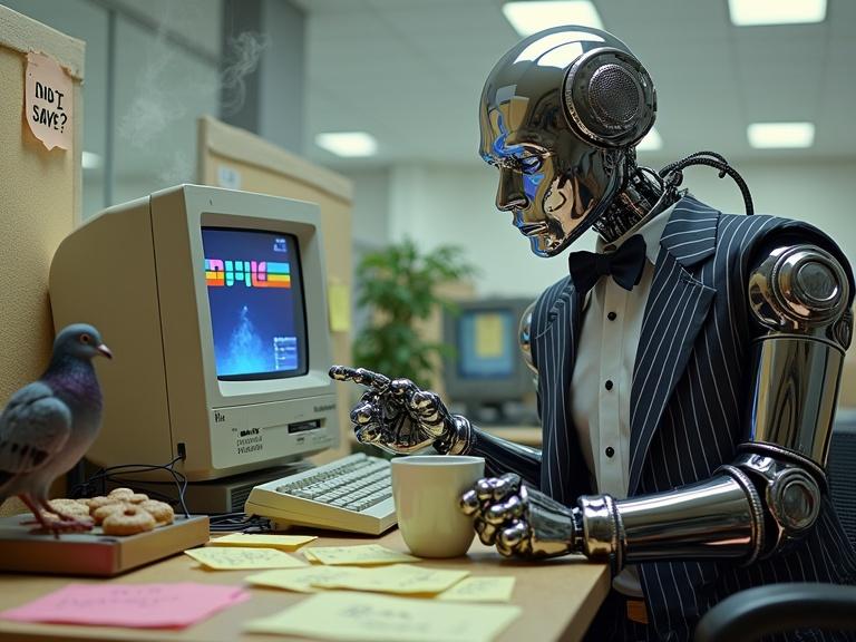 A polished chrome robot in a pinstripe suit sits at a desk with a vintage computer. The screen displays a frozen PONG game. The robot's arms are tangled in cables. One arm holds a large smoking coffee cup. Sticky notes with urgent messages cover the desk. A pigeon sits on the monitor. The background shows a dull office space.