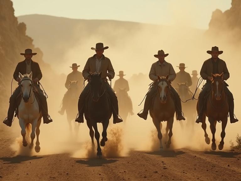 An epic cinematic image styled like classic westerns with a group of outlaws on horseback. They are galloping at high speed along a dusty dirt road next to a nearly dry riverbed against a backdrop of the iconic Cerro de la Silla. The atmosphere captures a sense of urgency and daring as the outlaws escape, showcasing their rugged clothing and expressive determination. Harsh desert sunlight enhances the dust swirling around them.