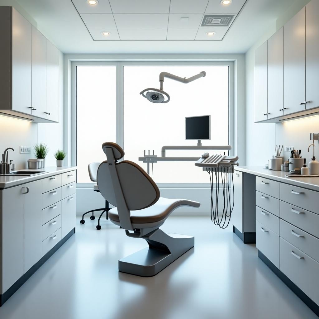 Modern dental office with two dental chairs and equipment. Bright lighting and spacious layout. Large window providing natural light. Minimalist design with white and gray tones.