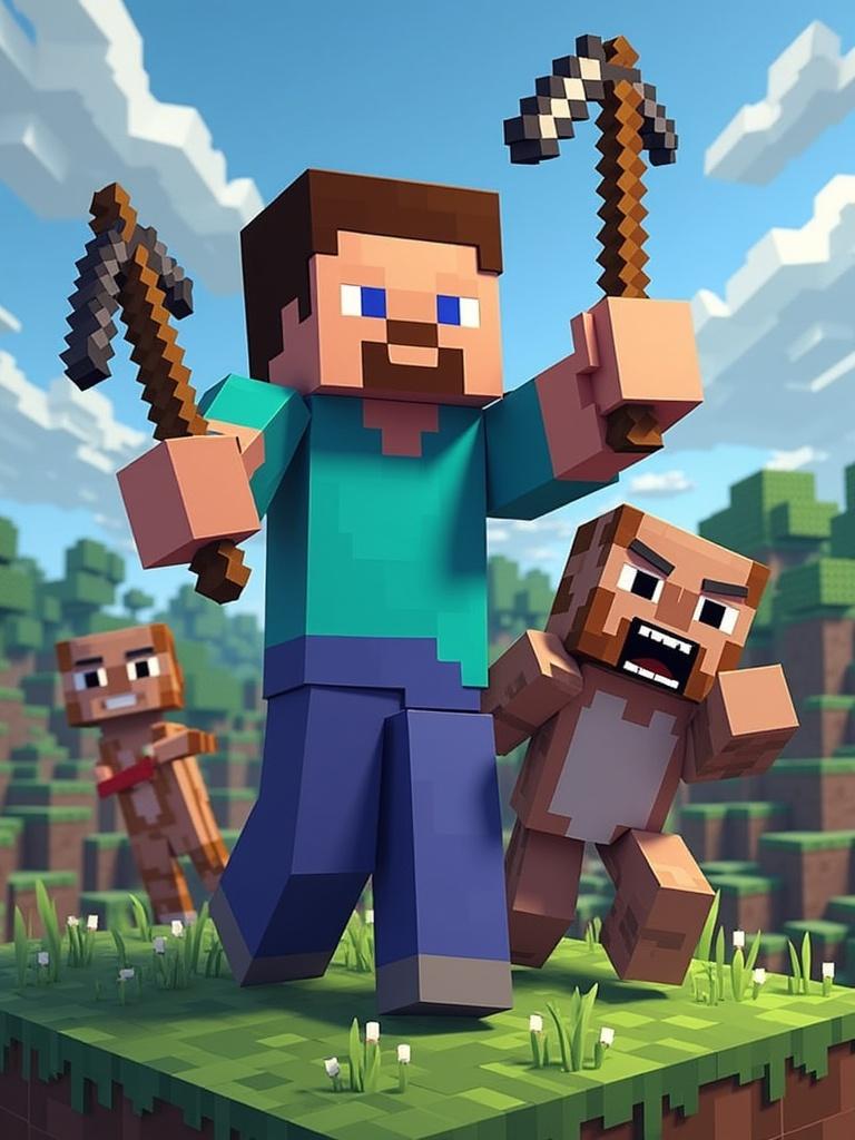 Minecraft themed image with a character named FanzySP holding two pickaxes while chasing after another character. Background includes a Minecraft landscape with trees and grass.