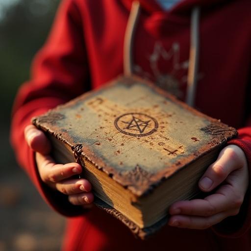 A close-up shot of an ancient old journal. The cover appears weathered and cracked. Faint golden lettering is just barely visible. A strange symbol is etched into the leather. Edges of the journal are frayed. Pages are yellowed and fragile. The journal is cradled in the hands of a young boy. The boy is wearing a red hoodie. Warm soft light is present in the scene. A magical glimmer enhances the journal cover.