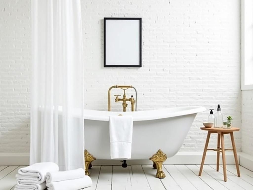 This image depicts a modern and minimalistic bathroom setting. There is a claw-foot bathtub, elegantly designed with detailed brass plumbing fixtures. A white shower curtain drapes beside the tub, creating a serene atmosphere. Next to the bath, a small wooden stool holds two glass bottles and a small dish, adding a touch of practicality. On the floor, neatly folded white towels rest, enhancing the clean and fresh feel of the space. A blank black-framed picture hangs on the wall, offering a place for personal decoration. The walls are made of white-brick, giving a chic rustic vibe to the bathroom. Overall, it is a stylish and inviting bathroom ambiance.