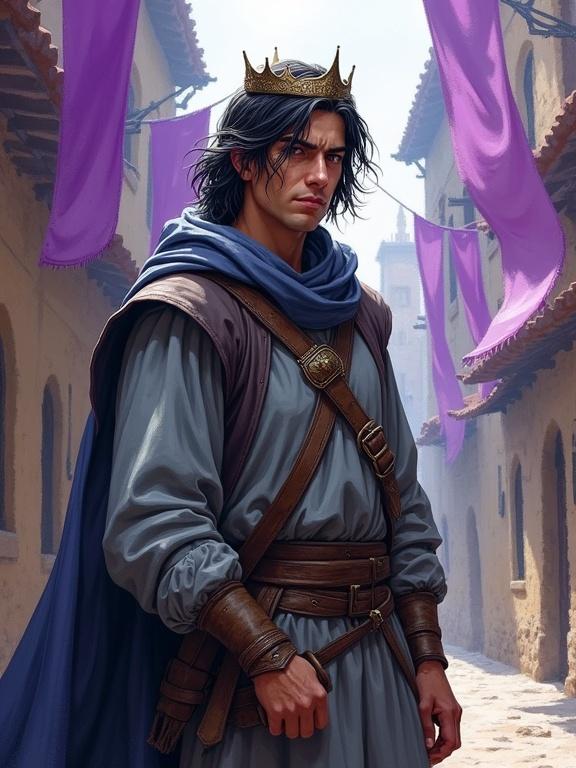 Portrait of a man with black hair and gray streaks. Wears a small crown and gray traveling clothes. Shows determination and exhaustion. Stands in a colorful alley with purple banners. Digital art in Jason Chan's style, semi-realistic, soft brush. Medieval theme with watercolor splash background.