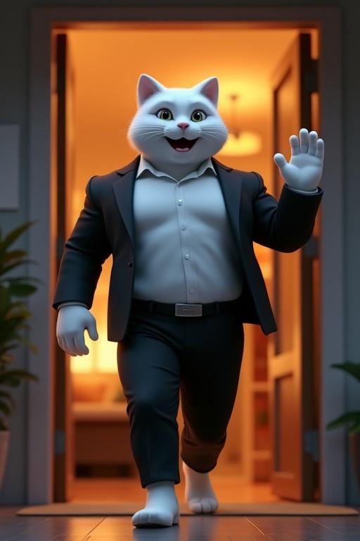3D illustration of strong anthropomorphic cat in business outfit. Cat has smooth white fur and is walking into house. He wears a white shirt and black blazer, raising hand to wave. Cheerful expression with mouth open. Background shows warmly lit cozy home at night.