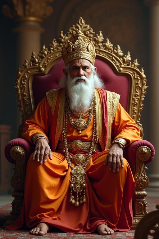 Ultra-HD image depicting a king in royal attire seated on a throne. The king has a long beard and elaborate jewelry. He listens attentively to a sage next to him. The scene is richly decorated.