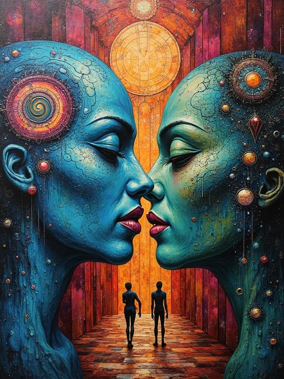 Surreal depiction of two opposing entities in a dreamlike space. Features melting chrome and stained glass. Includes Jungian symbols and thick textures. Art evokes optical illusions.