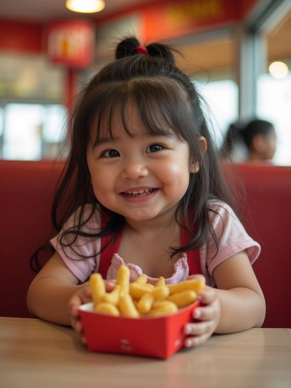 Chubby girl sitting in fast food restaurant smiling at camera with fries