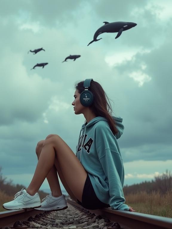 Woman sitting on a railway crossing. Dynamic low angle view. Wearing oversized hoodie with print and headphones. Bare legs and sneakers. Sky filled with flying whales among clouds.