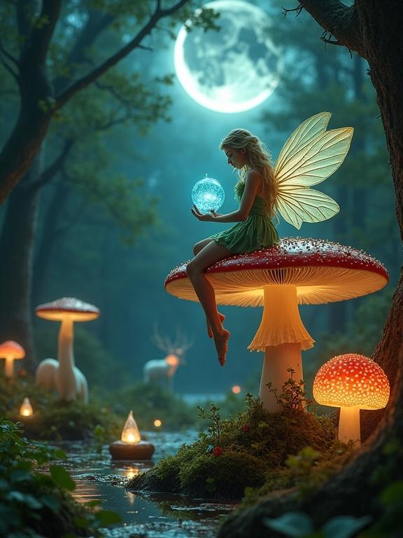Hyperrealistic enchanted forest under a lunar eclipse. A fairy with pearly skin and wavy green-gold hair sits on a giant bioluminescent mushroom. She has transparent wings and wears petals and moss. Holding a blue orb, she peeks into the air. Surrounding magical mushrooms form a circle and spores float like stardust. A white deer is reflected in a puddle. Floating lanterns have spinning flower chains. The fairy casts an ethereal shadow with her wings on the ground.