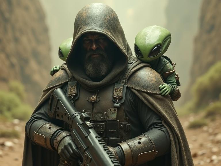 An armed figure cloaked in a dark hood stands in a canyon. Small green aliens are perched on the figure's shoulders. The figure holds a shotgun and has an imposing presence. The setting is a dramatic valley, filled with ethereal light and atmospheric tension.