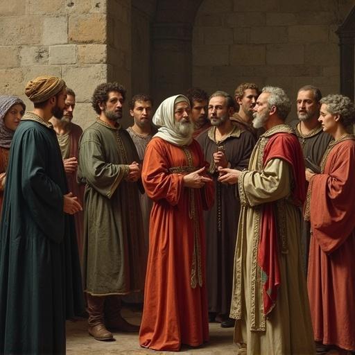 A group of scholarly men in medieval attire engaged in conversation. They stand in a stone-walled room, displaying various expressions of contemplation. The scene reflects a gathering focused on discussion and learning.