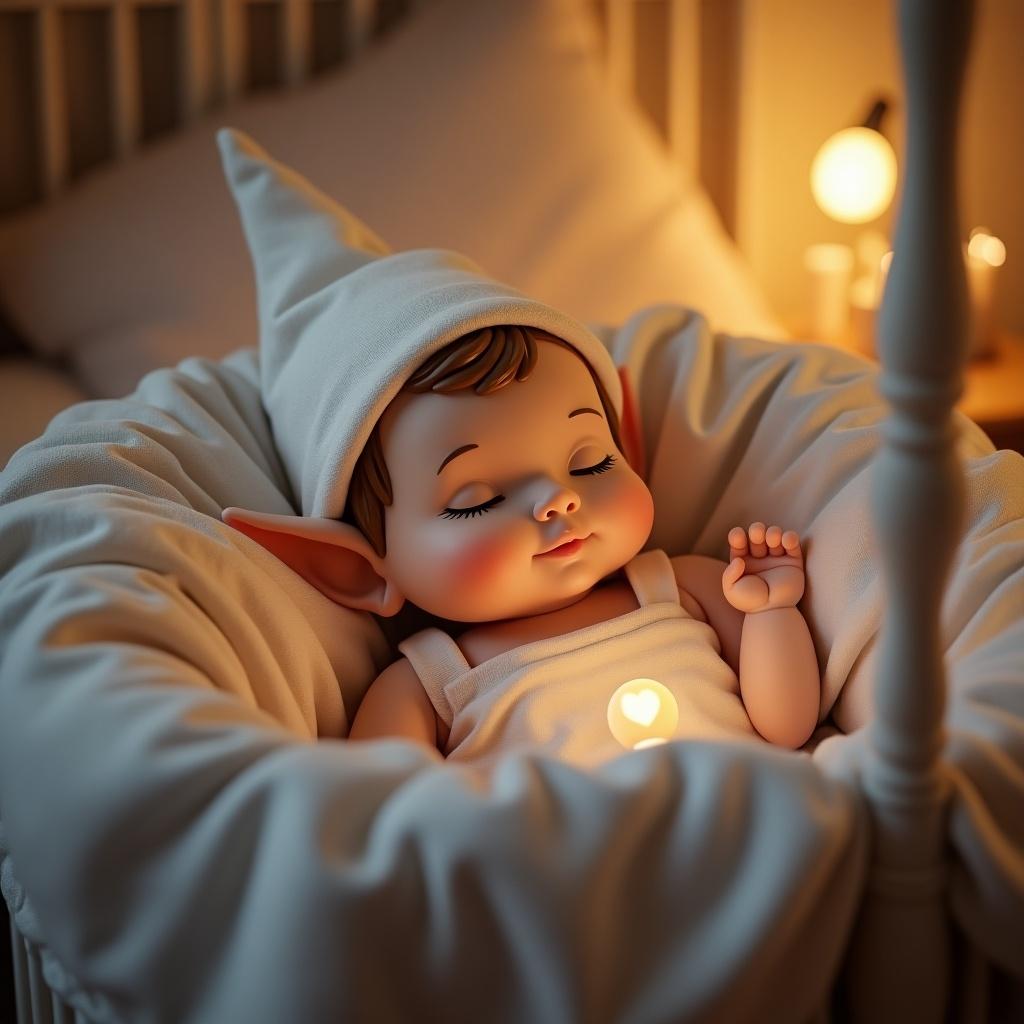 An adorable baby elf is peacefully sleeping in a crib with a soft blanket. The elf has pointy ears and is wearing a white cap. A gentle glowing light shaped like a heart adds warmth to the scene.