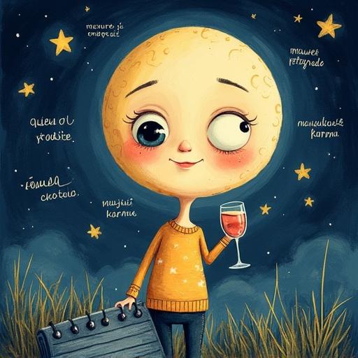 A cute character resembling the full moon with big eyes holding a glass of wine and a notebook amidst stars with floating excuses.