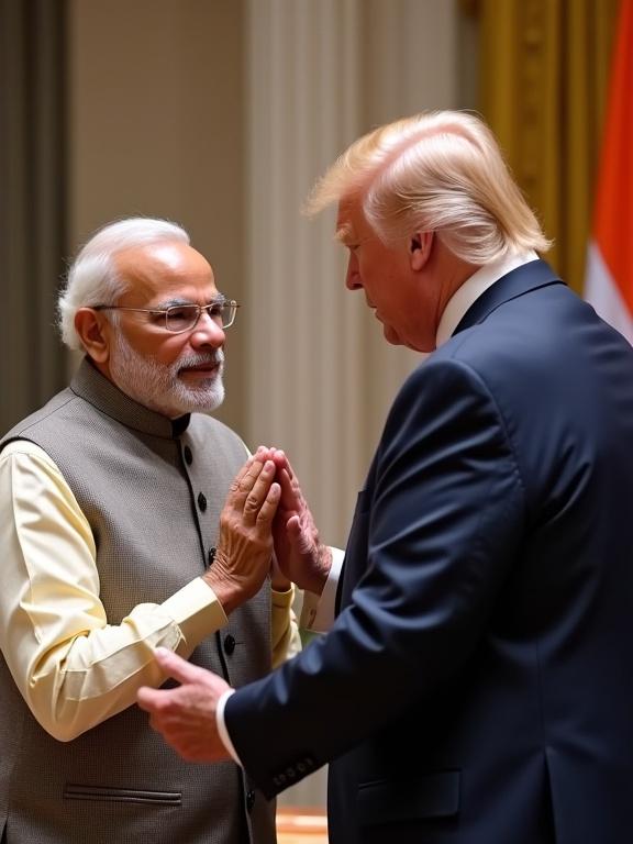 A meeting between two political leaders. One leader shows a gesture of respect while the other engages in conversation. The backdrop suggests a formal setting. The leaders appear focused and engaged in dialogue.
