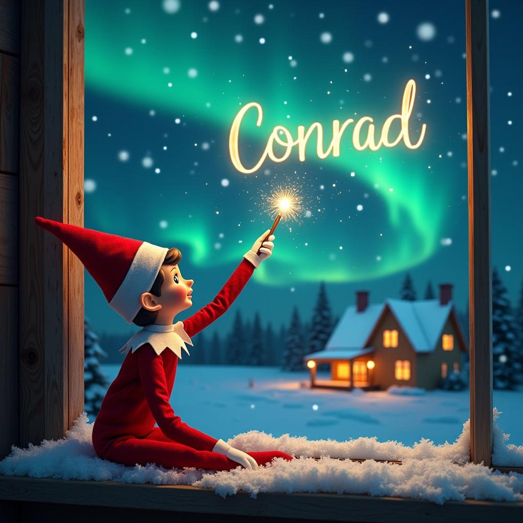 Enchanting Christmas scene with elf on the shelf. Elf looks up at starry sky. Wielding a magical wand. Writing 'Conrad' in the night sky. Background filled with northern lights. Cozy house visible with warm glow. Snow accumulates on the window sill.