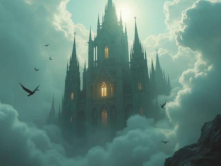 Floating cathedral made of shattered glass and bones located in clouds. Glowing mist flows through broken windows. Angels with excessive wings fly in unnatural patterns.