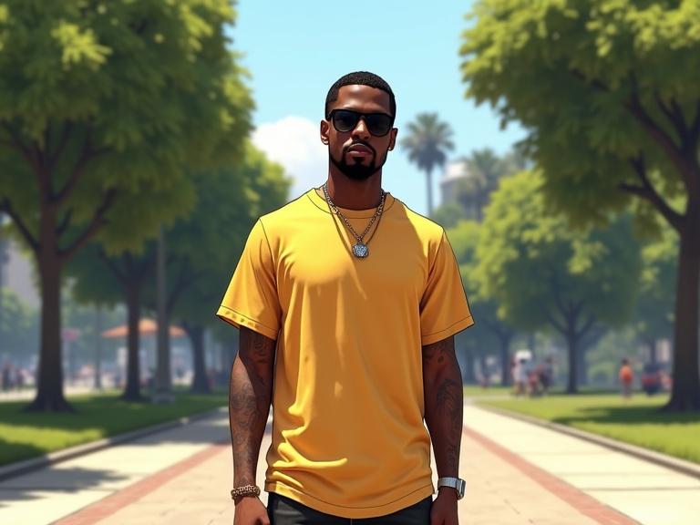 A confident Black male rapper, full frontal view, standing in a bright park during the day, depicted in the style of a Grand Theft Auto video game loading screen. He wears a solid yellow t-shirt. The park background features lush greenery and trees typical of an urban setting. The image captures a vibrant, comic-book-inspired aesthetic in daylight.