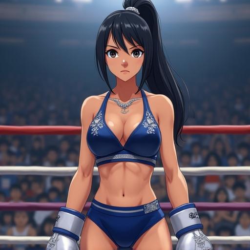 Portrait of a female boxer named Rina Kazama. She stands in a boxing ring in Tokyo. Athletic physique, olive skin. Jet-black ponytail with orchid hairpin. Focused expression, sharp eyes. Wearing midnight-blue sports gear with silver floral patterns and boxing gloves. Background shows a vibrant audience.