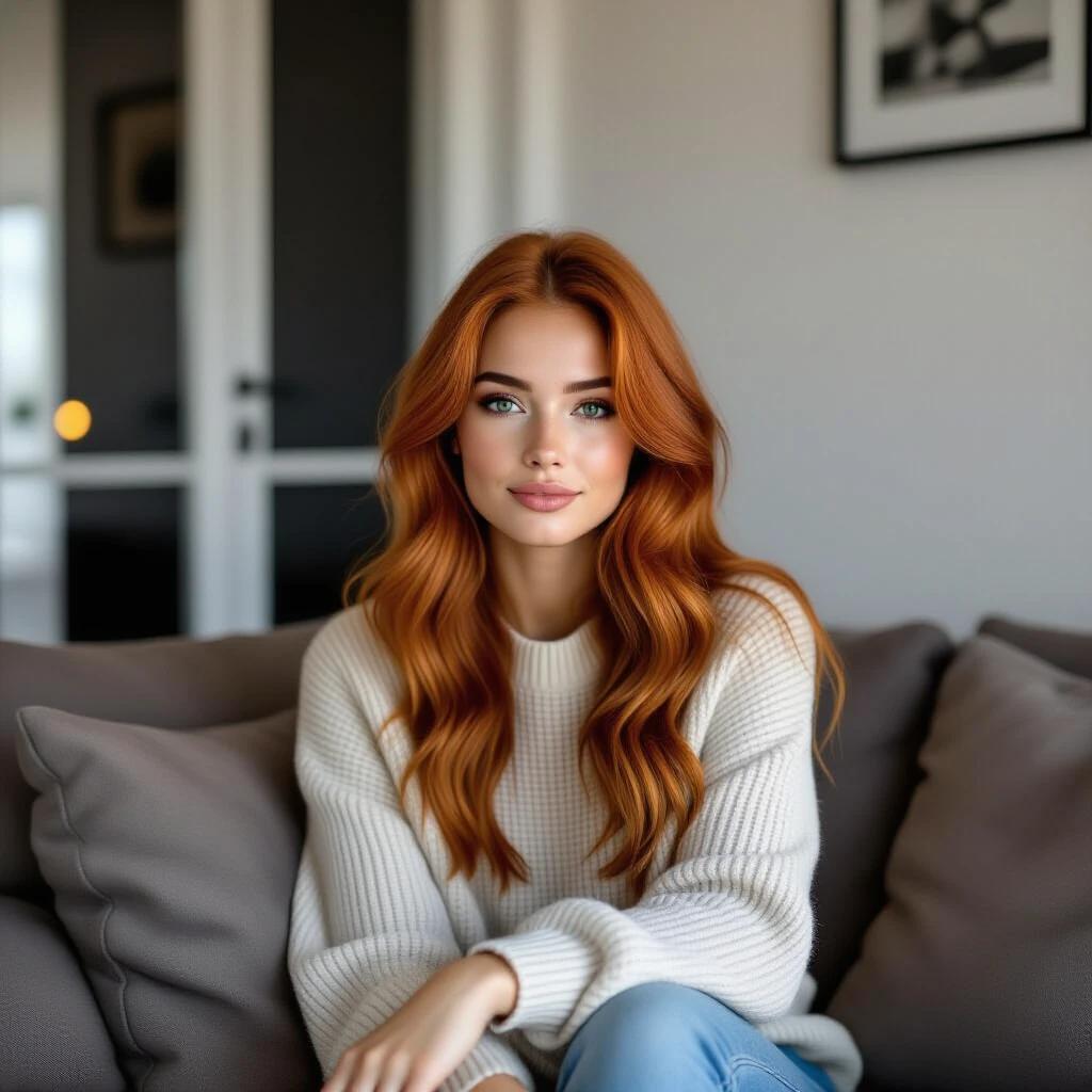 A young woman with reddish-brown hair is sitting on a sofa in a small apartment. She looks serious at an unseen interlocutor. The sofa and window are simple. The scene takes place at night and the perspective is from below.