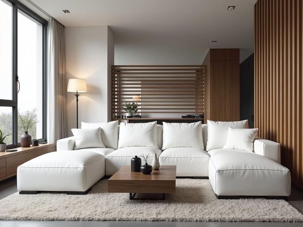 This image features a modern and stylish living room interior. The main seating area consists of a spacious white sectional sofa that offers a comfortable and inviting look. In front of the sofa, there is a coffee table made of dark wood and a small black side table, both positioned on a light-colored shag rug. The room is well-lit by natural light coming through large windows, and there are decorative vases on a shelf beside the window. A standing lamp adds to the cozy atmosphere, while a partition with horizontal slats offers a touch of elegance and separates different areas of the space.