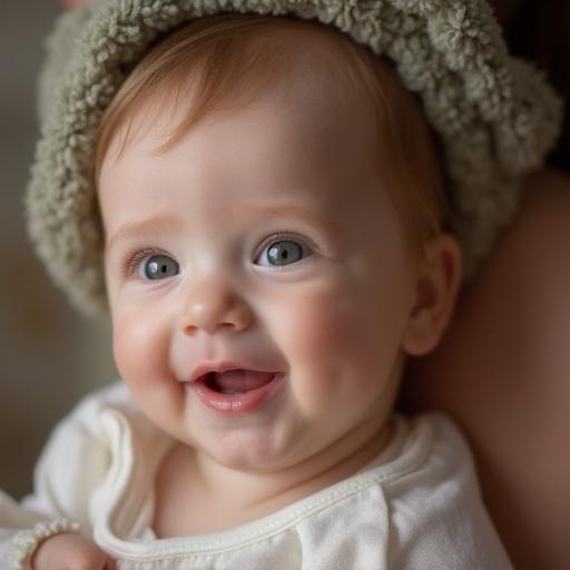 Image captures a cute baby wearing a soft fabric outfit. The setting has natural light creating a warm atmosphere. The focus is on the soft details of the outfit and the cozy vibe. This photography uses a 50mm macro lens. It showcases a close-up portrait of a baby.