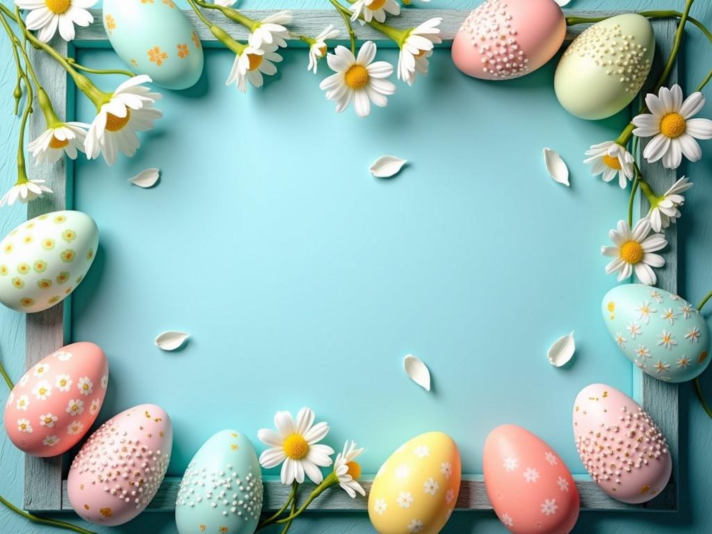 A beautiful Easter greeting card scene, featuring decorated eggs and delicate spring flowers. The background is a charming frame made of soft blue and wooden textures, adding a rustic feel. In the center, there is ample copy space for a personal message or greeting. The arrangement of the flowers is whimsical, with gentle white blossoms intertwining around the colorful eggs. Overall, the image exudes warmth and the joyful spirit of the Easter holiday.