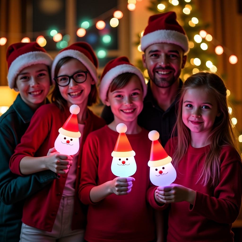 This image depicts a joyful family gathered for a Christmas celebration. They are all wearing Santa hats and matching red outfits, embodying the festive spirit. Each child is holding a glowing Santa Claus stick, which adds a playful touch to the scene. The background is softly lit with Christmas lights, enhancing the warm holiday ambiance. The overall mood conveys happiness and togetherness, making it perfect for illustrating holiday themes.