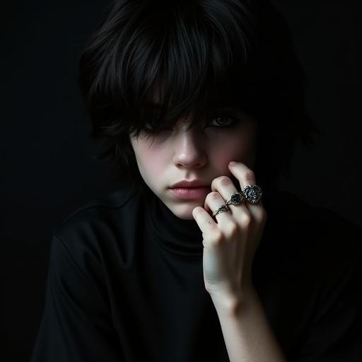Editorial photograph featuring a boy model in Levi's jeans and a black t-shirt. The model has pale skin and dark hair obscuring part of his face. Minimal background with a layered black veil creates a dark color scheme. Attention on the model's eyes and hands, soft shadows enhance visual softness. The focus is sharp on jewelry details with a sense of mystery and luxury. Low angle shot highlights light and shadow contrast.