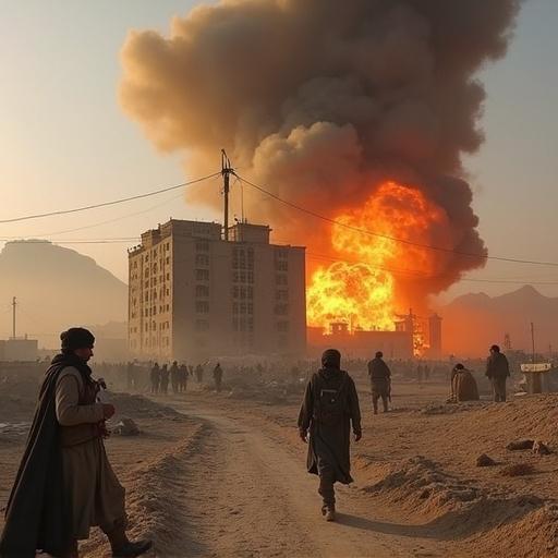 Explosion scene with a bomb destroying a building in Afghanistan. Dark smoke envelopes the area. People walk away from the site. Ground-level view during dusk.