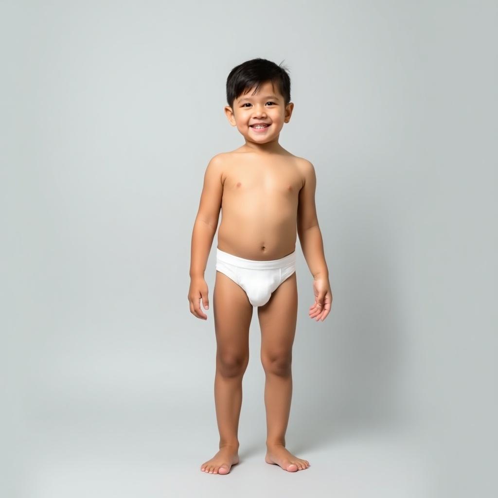 Pale ivory-skin colored 12-year old boy stands barefoot and upright. He wears white underwear and has a natural smile. Soft and even lighting creates calmness. The pose is confident and relaxed showcasing playfulness and innocence. Minimalistic style emphasizes the subject.