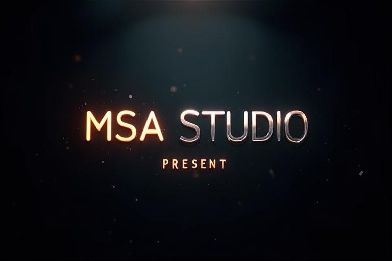 Cinematic logo design with bold elegant typography. High-end film studio aesthetic. 'MSA Studio' prominently at center. 'Present' subtly below. Dark background with glowing metallic text. Dramatic lighting and soft shadows. Lens flare and light beams for depth. Atmospheric smoke and particles. Slow camera zoom for flair.
