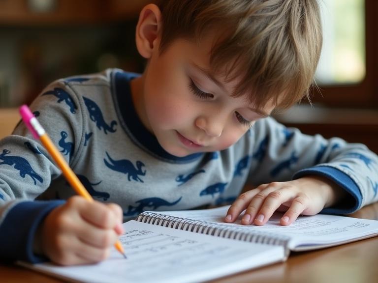 Close-up photograph of a young boy with short brown hair. Wearing a grey and blue pajama top with dinosaur prints. Sitting at a wooden table. Writing in a music notebook with a pencil. Left side profile. Soft natural light. Cozy indoor setting. Boy's hand holding pencil. Pencil with pink eraser. Focused expression. Casual and relaxed atmosphere. Warm and earthy tones. Slight blur on background. Shallow depth of field. Child learning music notes. Quiet and peaceful moment.