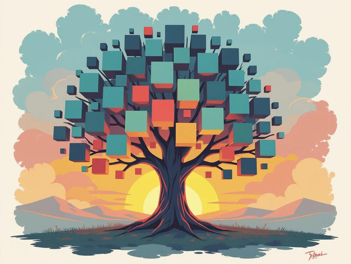 3D exquisite tree formed with assorted sized squares. Phallic squares create tree leaves and flowers. Leaves slowly merge into a sunset made of squares. Colors include blues greens black with orange pink hints. Techniques include sponge dabbing dry brush and sketched outlines. Concept art with abstract and surreal elements.