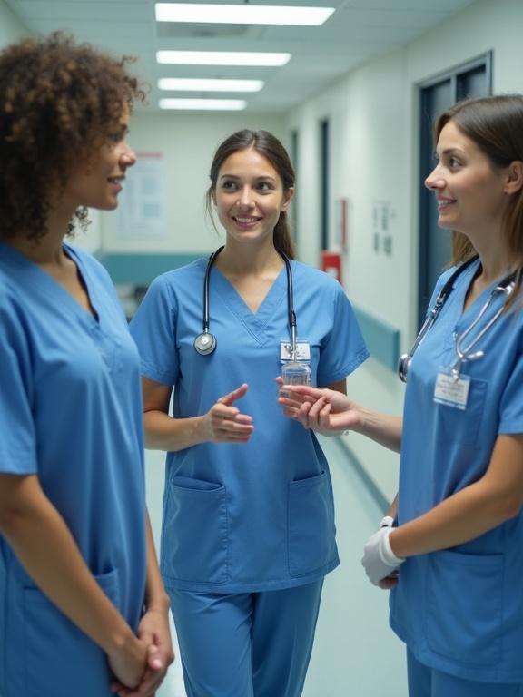 Three nurses talking in a hospital hallway. Nurses wear blue scrubs. Smiling and engaged in conversation. Healthcare environment visible around them.