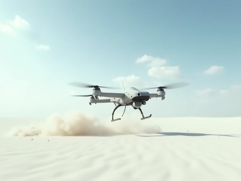 Cinematic small light grey sleek specular military hover drone flying over a white desert with dust blowing and a blue sky with clouds