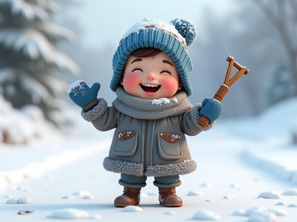 A 3D cheerful cartoon character, standing 4 feet tall, is smiling joyfully and holding a slingshot in one hand. The character is dressed warmly in a cozy blue hat, a thick gray coat, and decorative mittens, all covered lightly in snow. The background features a winter landscape, blanketed in white snow with some trees visible. The slingshot is made of wood and shows signs of use, adding character to the happy scene. The overall vibe is playful and innocent, capturing a moment of fun in the snowy outdoors.