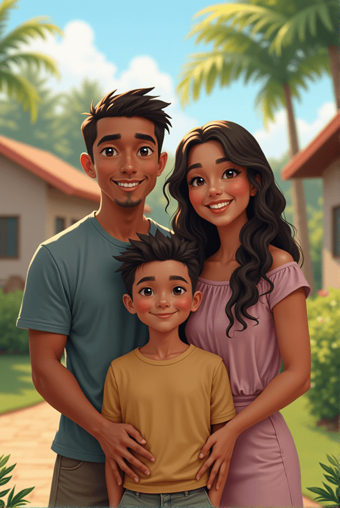 A warm illustrated family portrait featuring a smiling couple and their son, standing together in a lush garden with palm trees and houses in the background.