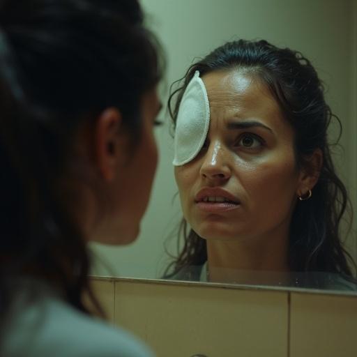 Photo of an Andean woman with a medical patch covering one eye. Woman looks at her reflection in a foggy bathroom mirror. Close-up shot with slightly damp face and dramatic lighting.