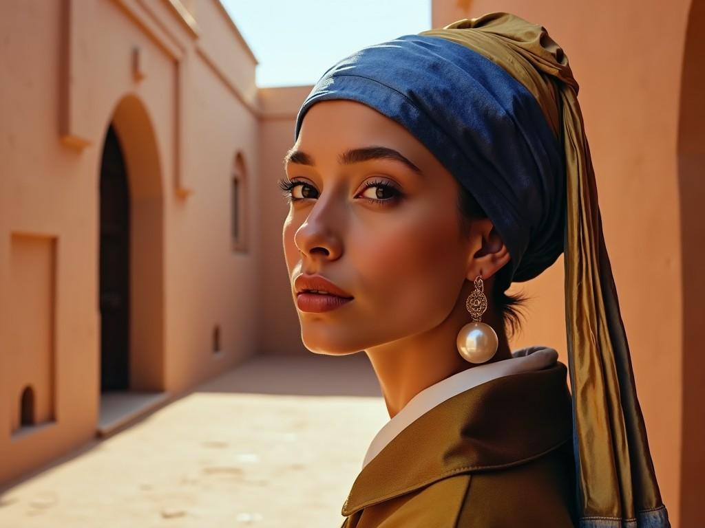 This image features a young woman inspired by the classic painting 'Girl with a Pearl Earring.' She has a serene expression and is wearing a large, lustrous pearl earring. Her outfit reflects contemporary travel attire suitable for Morocco, including a stylish scarf and lightweight jacket. The background showcases the warm, sunlit hues of Moroccan terracotta buildings and intricate doorways. The scene captures the essence of a modern traveler, exuding elegance and curiosity, set against the beauty of the Moroccan landscape.