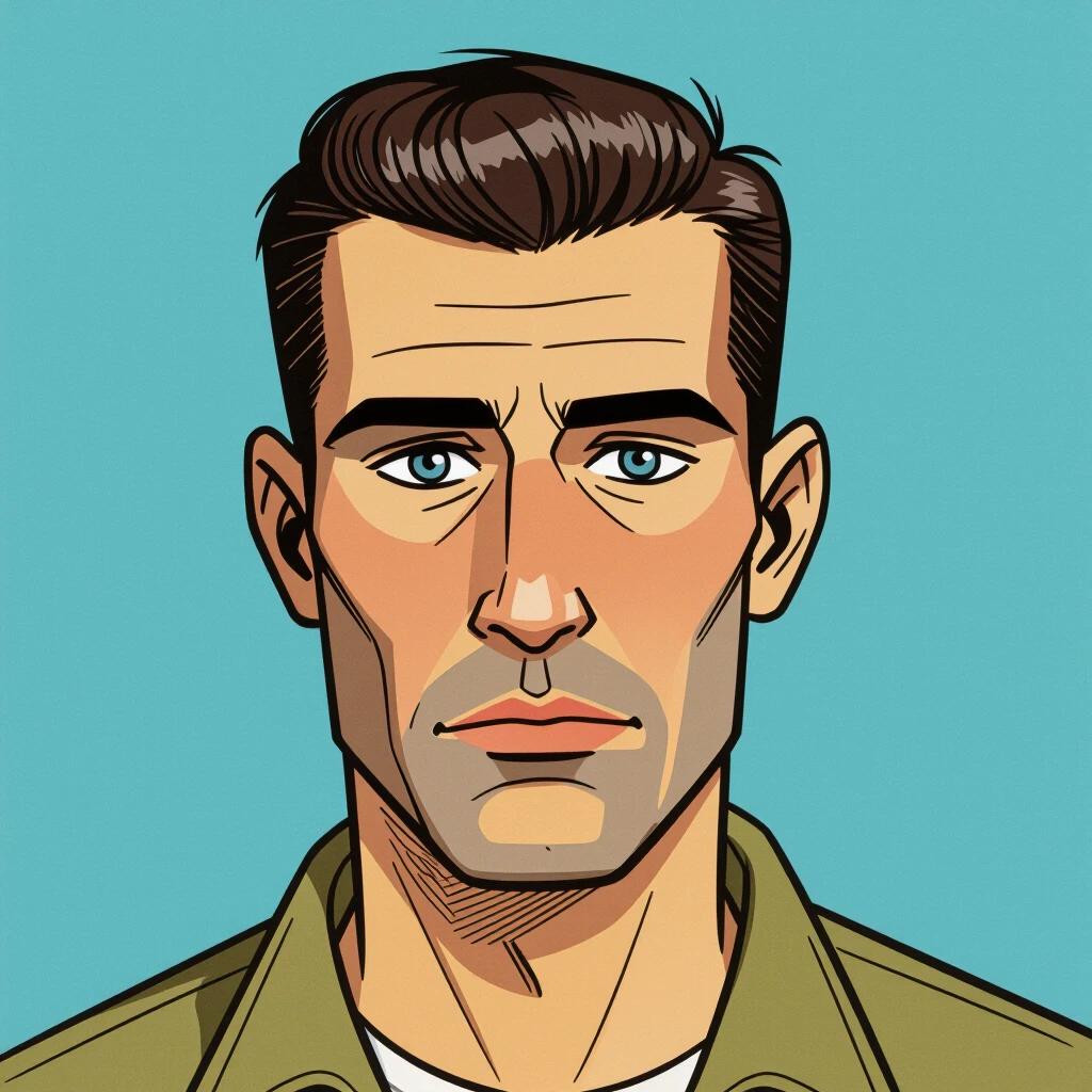 Young man portrait in front view with crew cut hairstyle. Steel-gray eyes and dark brown hair. His face is bony with prominent chin and clean-shaven appearance. Comic-style art with photorealistic colors.