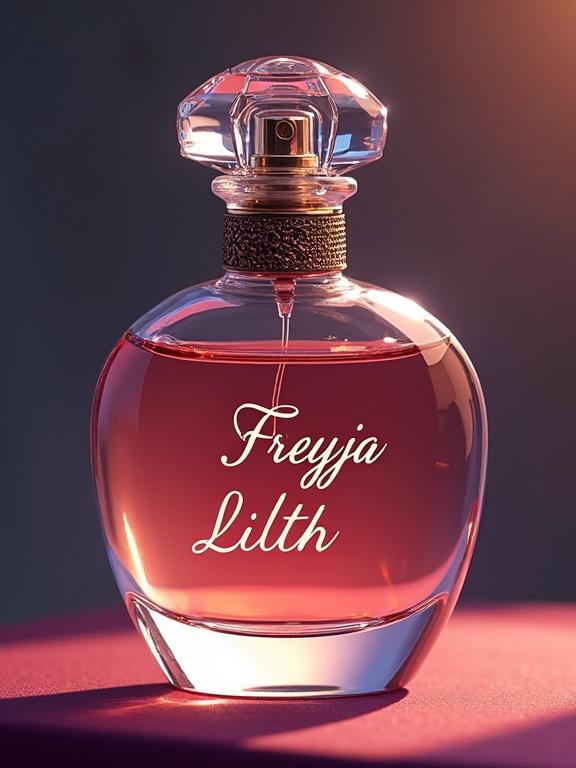 Anime style bottle of perfume with text Freyja Lilith. Elegant design. Focus on details.