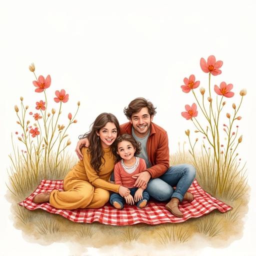 Watercolor illustration depicts a family of four sitting on a red and white checkered blanket. Background features blooming wildflowers and soft trees. Family poses express warmth and joy. Light airy composition highlights family connection. Traditional watercolor technique with modern elements.
