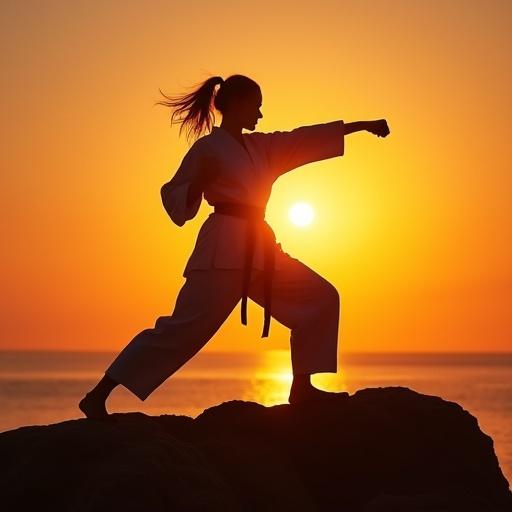 A female karate fighter is doing shadowboxing. She stands confidently on a rock. The background features a stunning sundown. She is presented as a silhouette against the vibrant colors of the sunset.