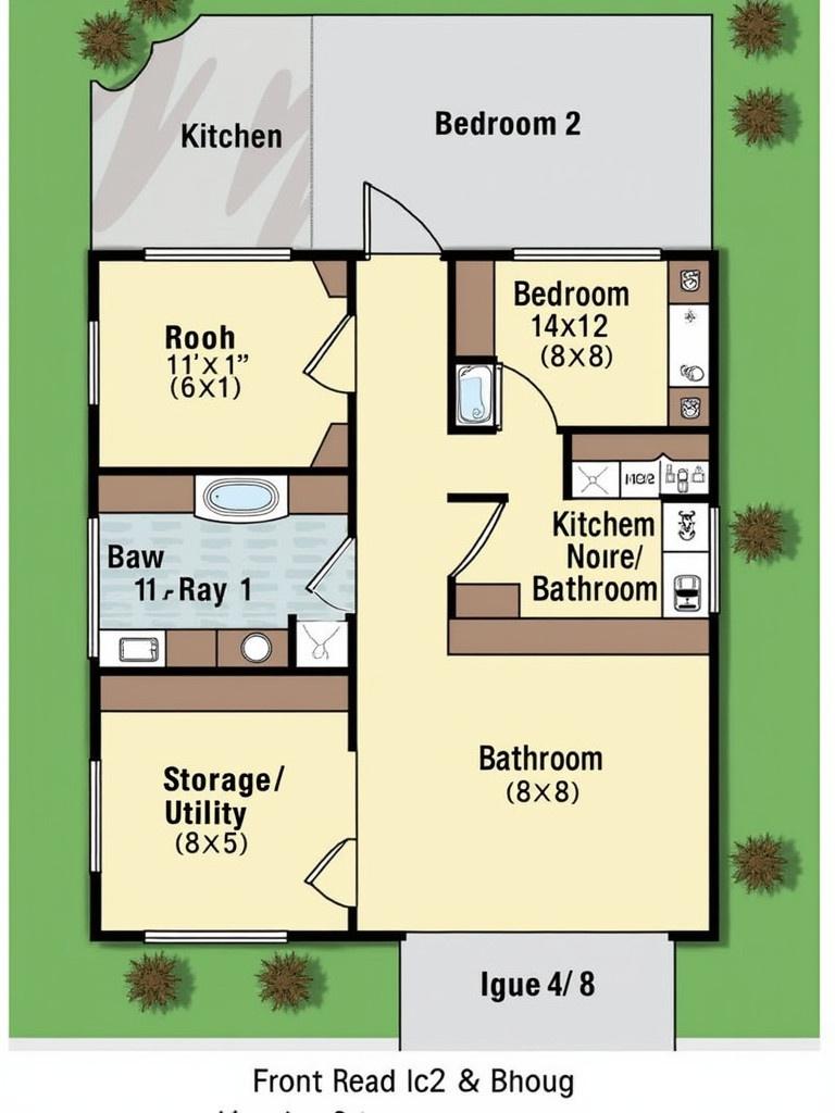 In a house floor plan. Living room and kitchen are accessible. Two bedrooms and bathroom marked out. Storage and utility room connected. Outdoor area is indicated at the top.