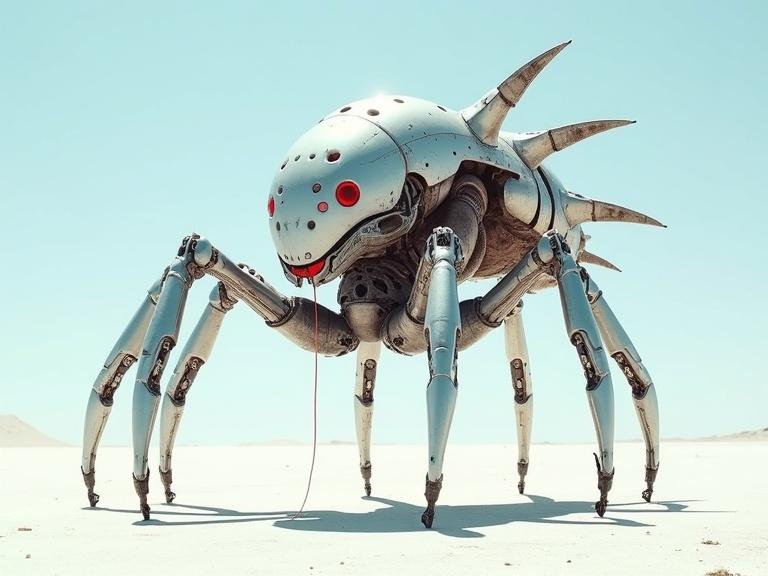 Cyborg creature with six legs stands in a white desert. The creature has a sleek silver body with organic skin textures. It features glowing red LED eyes and tentacles on its back. The environment is sunny with a blue sky and shadows on the sand.