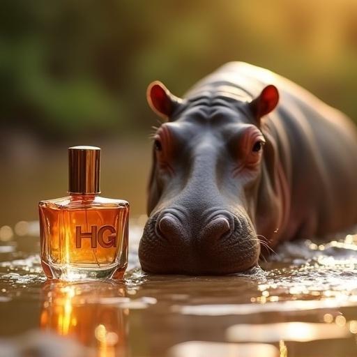 A small perfume bottle with the letters HG on it sitting on silk. A hippo plays in a muddy river beside it. The text 'Hippo Glow Moisturizer' is at the top. At the bottom are words about being moist like a hippo.