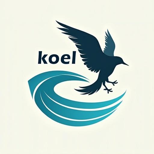 Create a logo for an apparel manufacturer named Koel Mist. Incorporate river elements reflecting the koel river. Use a bird and wave in the design. Focus on modern aesthetics for fashion branding.