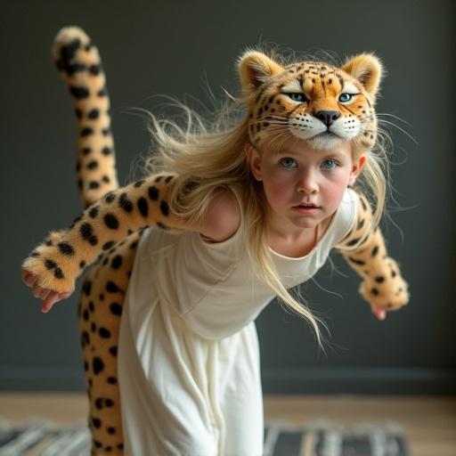 Young girl dressed in a cheetah costume with ears and a tail. She jumps excitedly. A concerned woman in a white dress observes her. The background includes soft textures. The scene captures playful interaction.