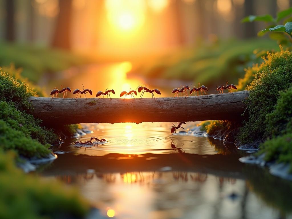 A team of ants is constructing a bridge over water during sunrise. The scene captures the soft orange and yellow hues of the sky reflecting on the surface of the water. The ants work diligently with a log to create a safe passage. Some ants are pulling the log while others are climbing on it, showcasing their teamwork and determination. Green moss decorates the edges of the scene, adding a natural touch. The atmosphere is peaceful, highlighting the industrious nature of the ants.