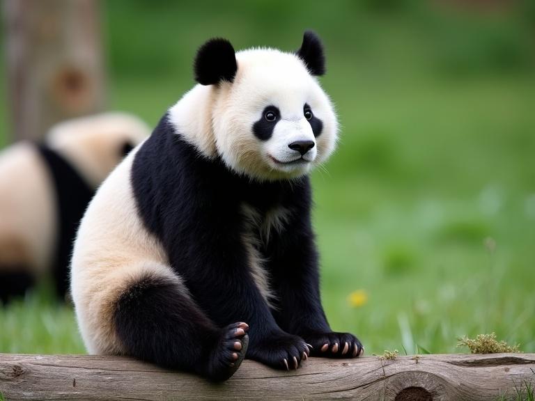 Panda sitting on a wooden structure with green grass background. Black and white fur; black ears, patches around eyes and limbs; chubby appearance; curious expression. Natural light; outdoor setting; other pandas in background; wooden structure appears rough with visible bark and grass; slightly blurry background. Daytime photo; full body portrait; shallow depth of field; realistic style.